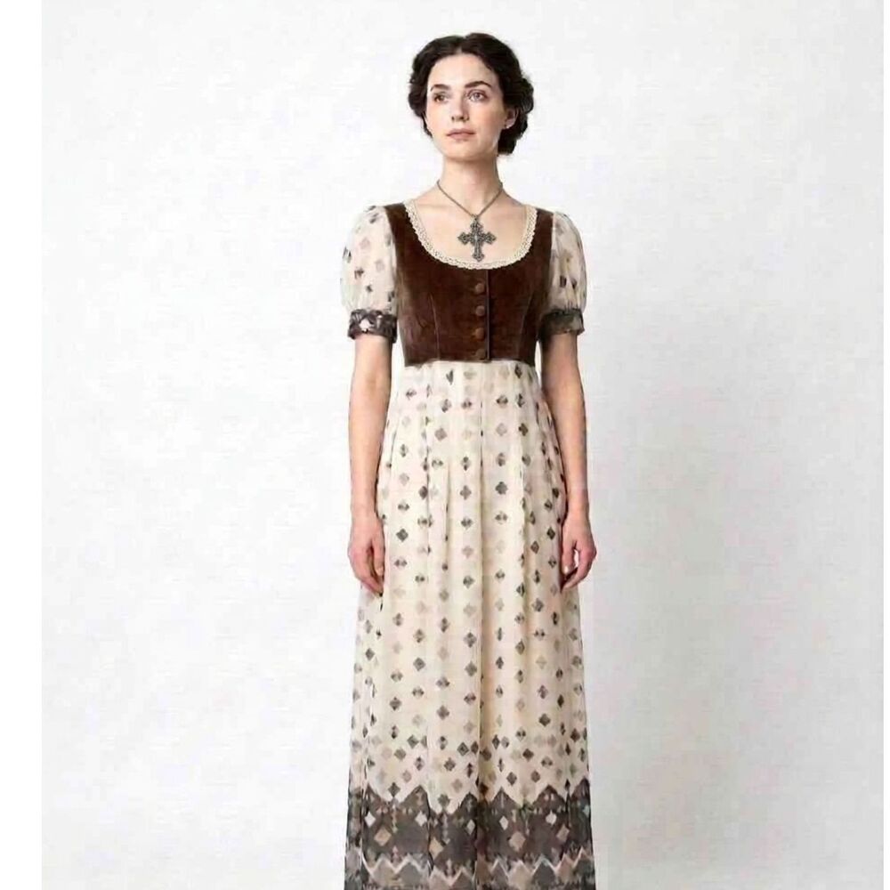 VTG 70s Miss Marlene Dress England Velour Renaissance Faire Cottagecore Maxi XS - Picture 2 of 13